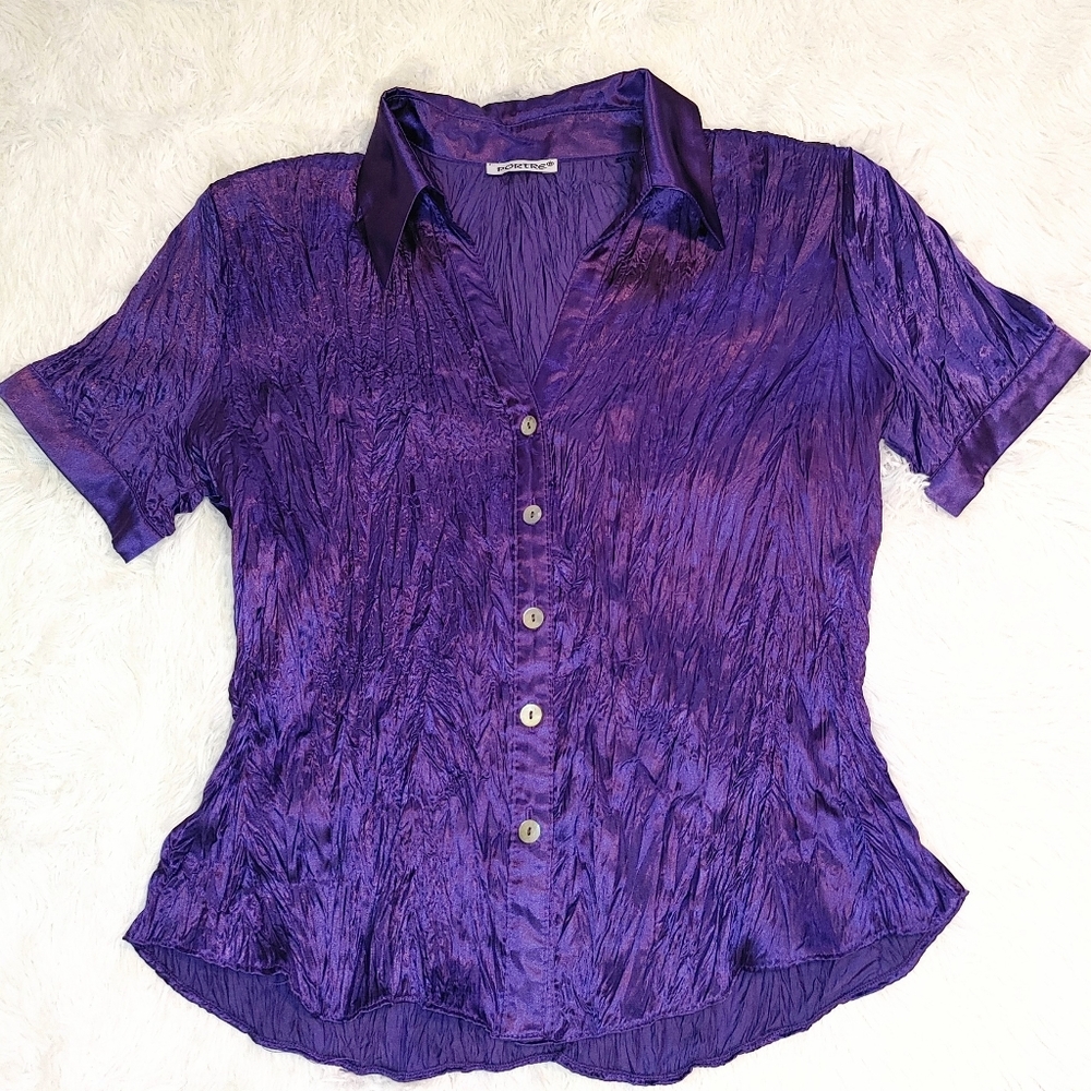 Vintage 🔄 Portre || Crinkle Button-up Collar ShortSleeve Blouse, Medium,